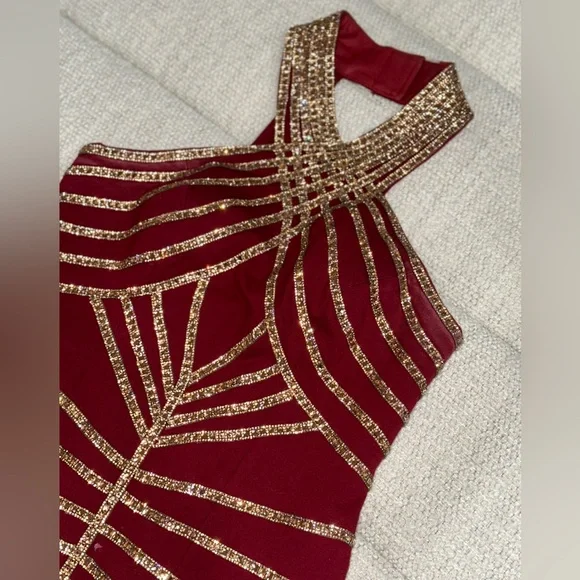 Halter Gold Burgundy Red Short Sparkle Fringe Showgirl Stage Dance Flapper Dress - Picture 4 of 12